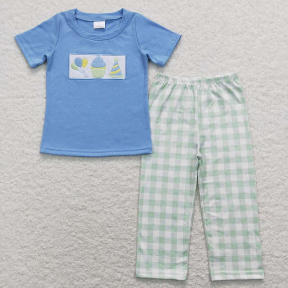 BSPO0190--embroidered ball and cake blue boy clothing