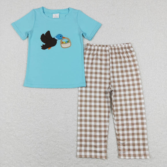 BSPO0216---short sleeve embroidery Easter mallard & egg blue boy outfits