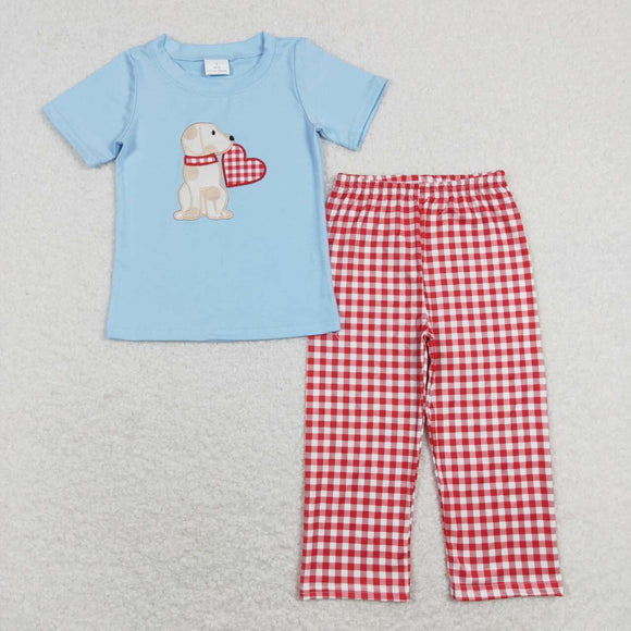 BSPO0269- Valentine's Day dog heart blue embroidery short sleeve shirt and red pants  boy outfits