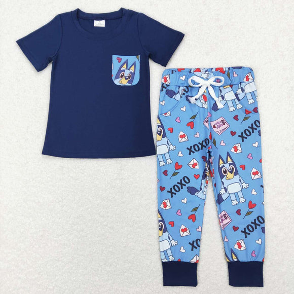 BSPO0271--Valentine's Day dog heart blue short sleeve shirt and pants  boy outfits