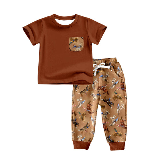 BSPO0272-pre order riding horse brown short sleeve shirt and pants boy outfits