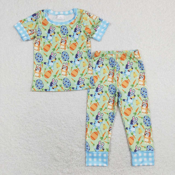 BSPO0273- dog carrot green blue short sleeve shirt and pants boy outfits