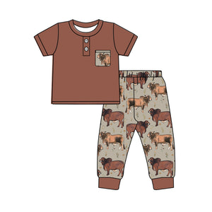 BSPO0500  pre order short sleeve western cow brown  boy pajamas