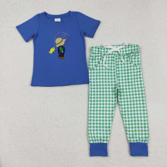 BSPO0506  hunting embroidered fishing blue green plaid boy outfits