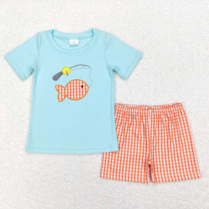 BSSO0288--summer embroidery fishing blue boy outfits