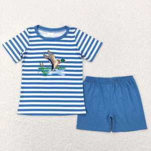 BSSO0308-- summer embroidery mallard blue boy outfits