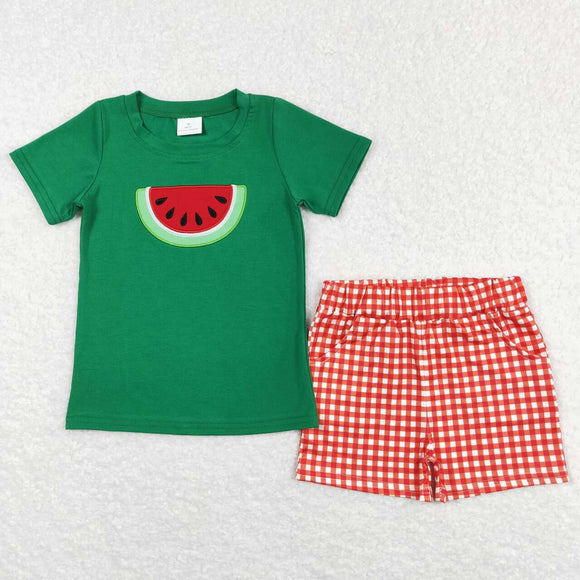 BSSO0345--summer embroidered watermelon green  boy outfits