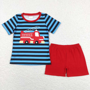 BSSO0469-- summer truck blue red boy outfits