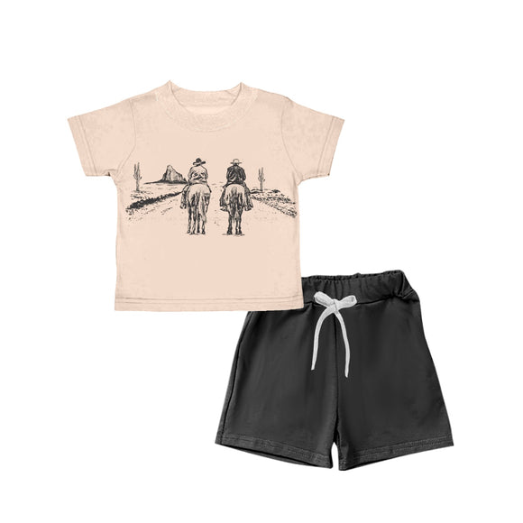 BSSO0499-- riding horse short sleeve shirt and black shorts boy outfits