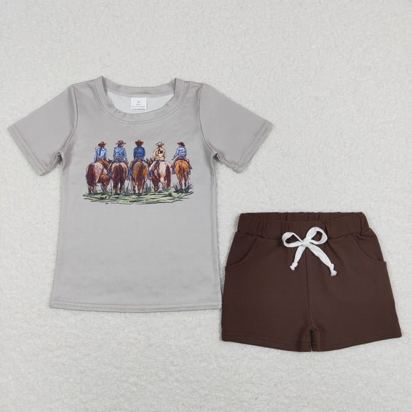 BSSO0500-- riding horse short sleeve shirt and shorts boy outfits