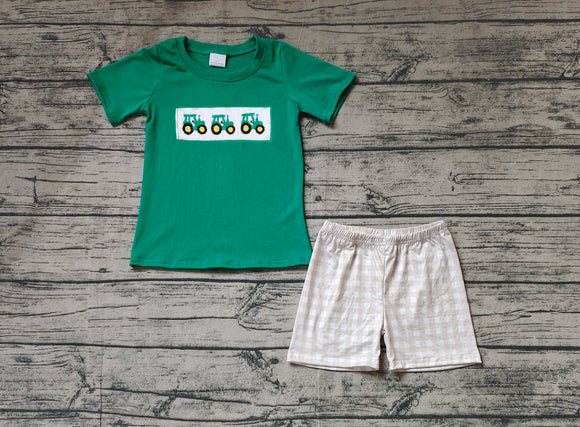 Short sleeves green embroidery tractor top shorts boys farm clothes