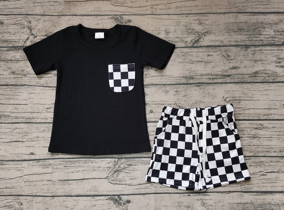 BSSO0852 Short sleeves Black checkerboard shorts boys clothes