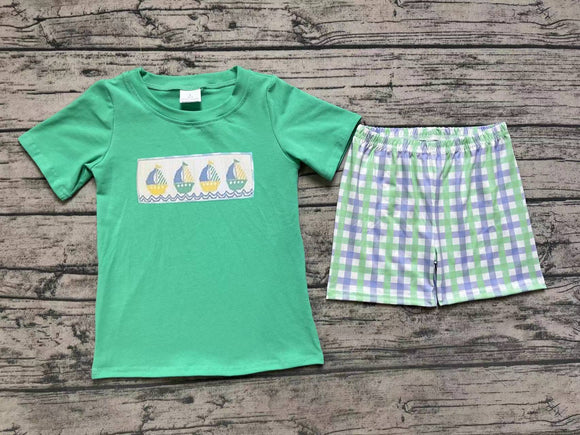 Short sleeves embroidery boat top plaid shorts boys clothing