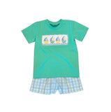 Short sleeves embroidery boat top plaid shorts boys clothing