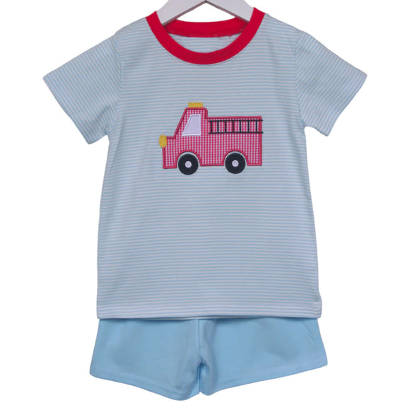 Stripe fire truck top shorts boys summer outfits
