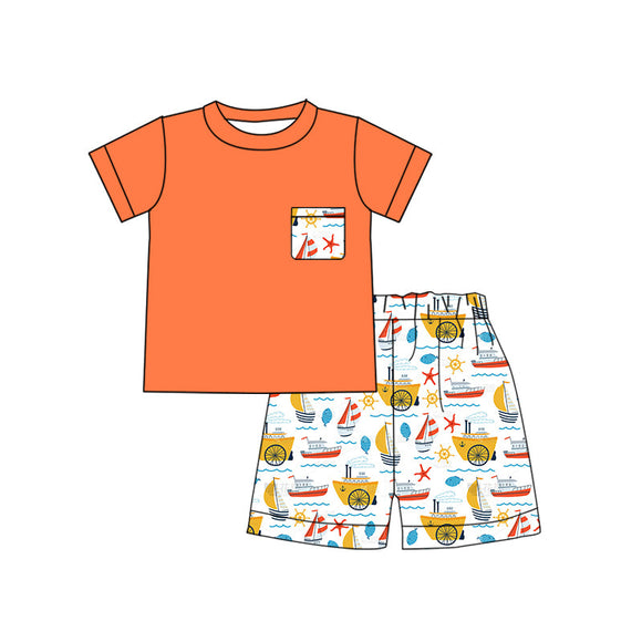 Orange pocket top boat shorts boys summer clothes