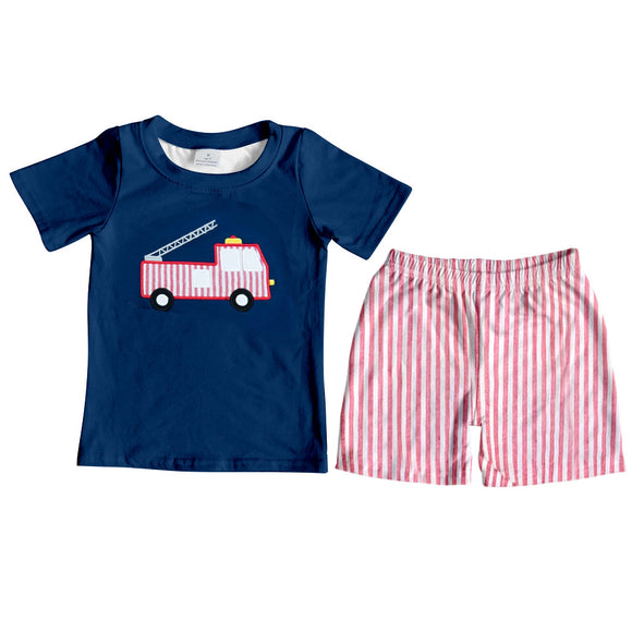 Deadline May 7 Navy fire truck top stripe shorts boys clothes