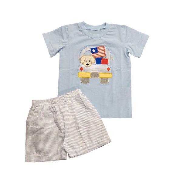 Dog flag truck top stripe shorts boys 4th of july outfits