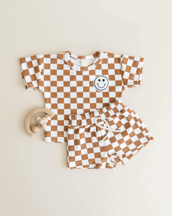 Brown plaid smile top shorts toddler boys clothes