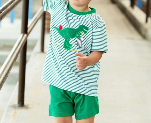 Green stripe dinosaur top shorts boys back to school clothes
