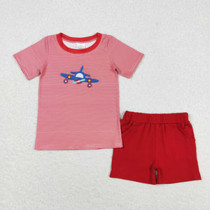 BSSO0995 Embroidery plane shirt red shorts boys clothing