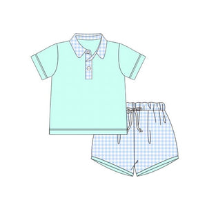 BSSO1011 short sleeve blue plaid boys outfits