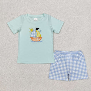 BSSO1048 Boys embroidery boat white blue plaid shorts Outfits