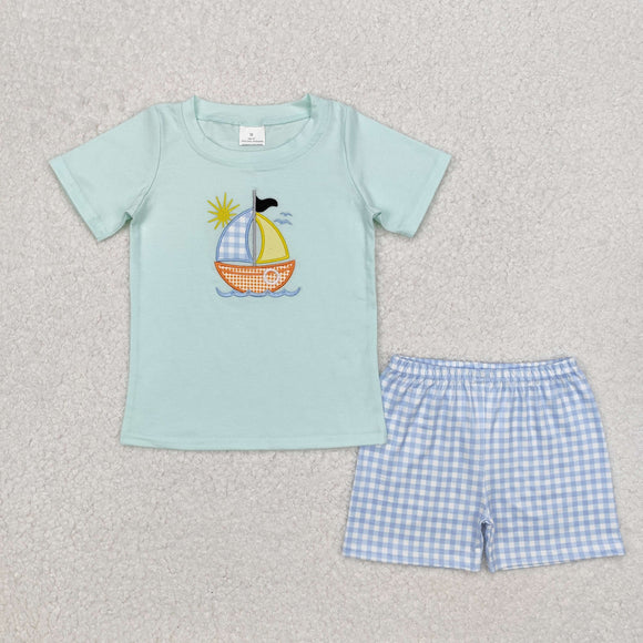 BSSO1048 Boys embroidery boat white blue plaid shorts Outfits