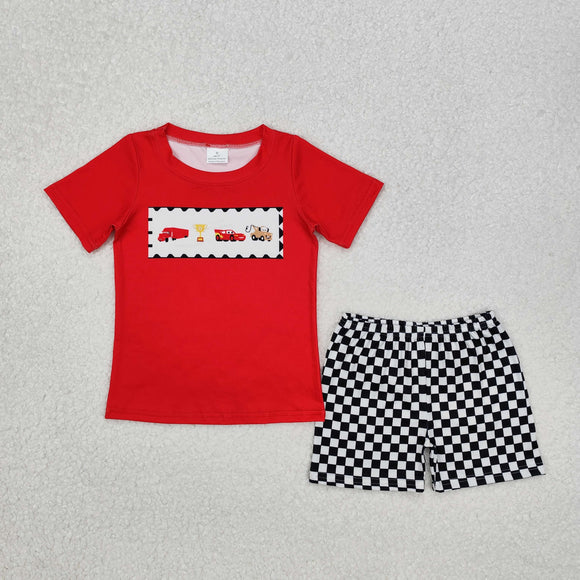 BSSO1079 Boys red car plaid shorts Outfits