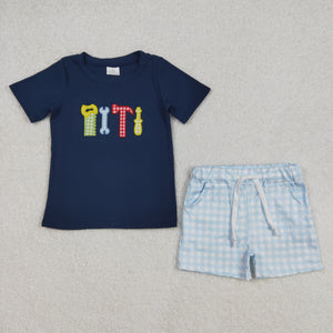 BSSO1118 Boys embroidered tool blue plaid shorts Outfits