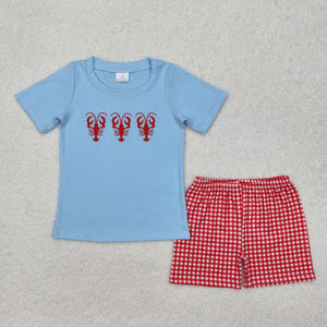 BSSO1161 Boys blue embroidered Crayfish red plaid shorts Outfits