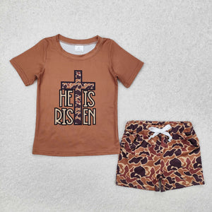 BSSO1162 Boys brown camo he is risen  shorts Outfits