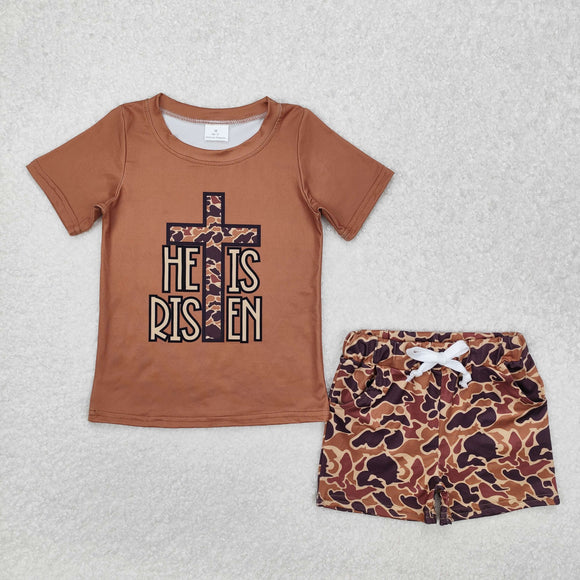 BSSO1162 Boys brown camo he is risen  shorts Outfits