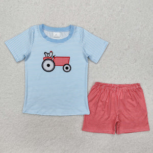 BSSO1172 Boys Embroidered tractor blue stripe red shorts Outfits