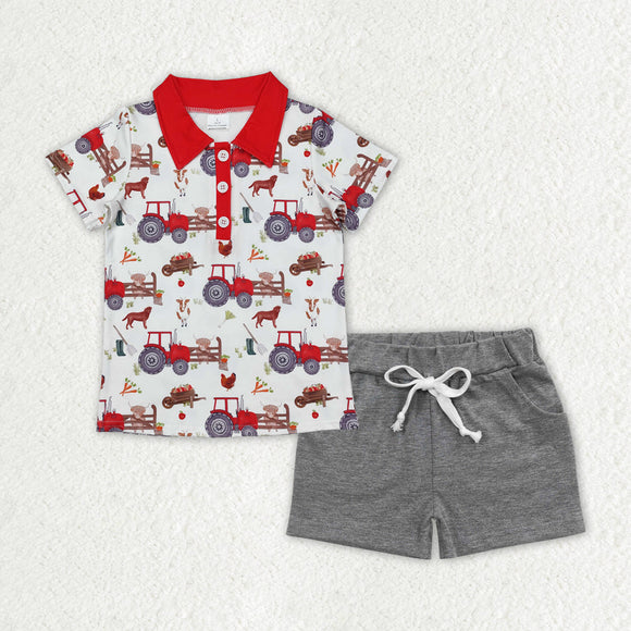 BSSO1177 Boys red tractor puppy grey shorts Outfits