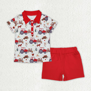 BSSO1178 Boys red tractor puppy shorts Outfits