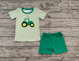 Pre-oeder BSSO1184 Boys green stripe embroidery tractor shorts outfits