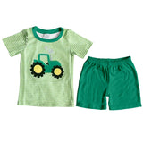 Pre-oeder BSSO1184 Boys green stripe embroidery tractor shorts outfits