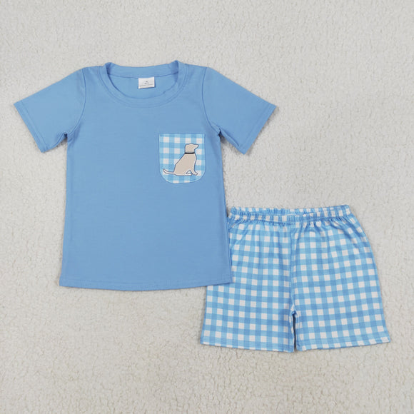 BSSO1190 Boys puppy pocket blue plaid shorts outfits