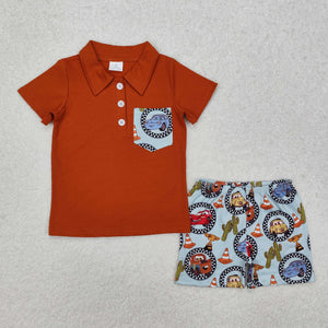 BSSO1210 Boys brown pocket cartoon car shorts outfits