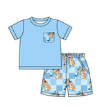 Pre-order BSSO1211 Boys blue cartoon dog plaid shorts outfits（Deadline Jan.8）