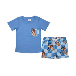 BSSO1211 Boys blue cartoon dog plaid shorts outfits