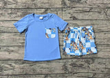 Pre-order BSSO1211 Boys blue cartoon dog plaid shorts outfits（Deadline Jan.8）