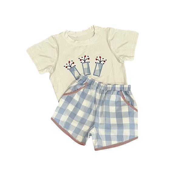 Pre-order BSSO1221 Boys white blue checked shorts outfits（Deadline Jan.13）