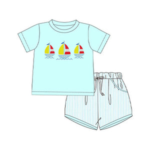 Pre-order BSSO1222 Boys boating cyan stripe shorts outfits（Deadline Jan.14）