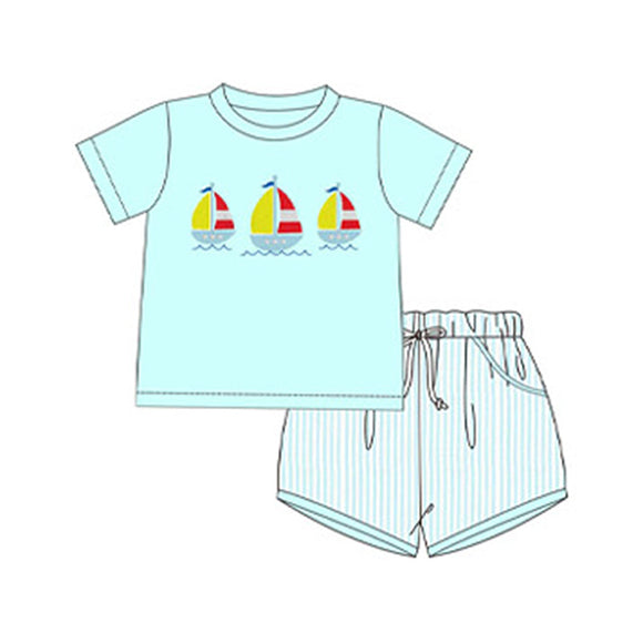 Pre-order BSSO1222 Boys boating cyan stripe shorts outfits（Deadline Jan.14）