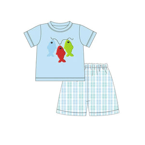 Pre-order BSSO1224 Boys fish blue checked shorts outfits（Deadline Jan.14）