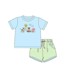 Pre-order BSSO1226 Boys cow blue short sleeve green stripe shorts outfits（Deadline Jan.14）