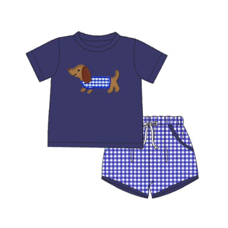 Pre-order BSSO1227 Boys puppy dark blue short sleeve checked shorts outfits（Deadline Jan.14）