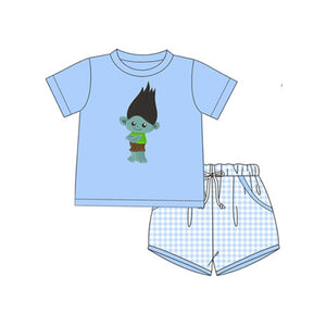 Pre-order BSSO1228 Boys cartoon  blue short sleeve checked shorts outfits（Deadline Jan.14）